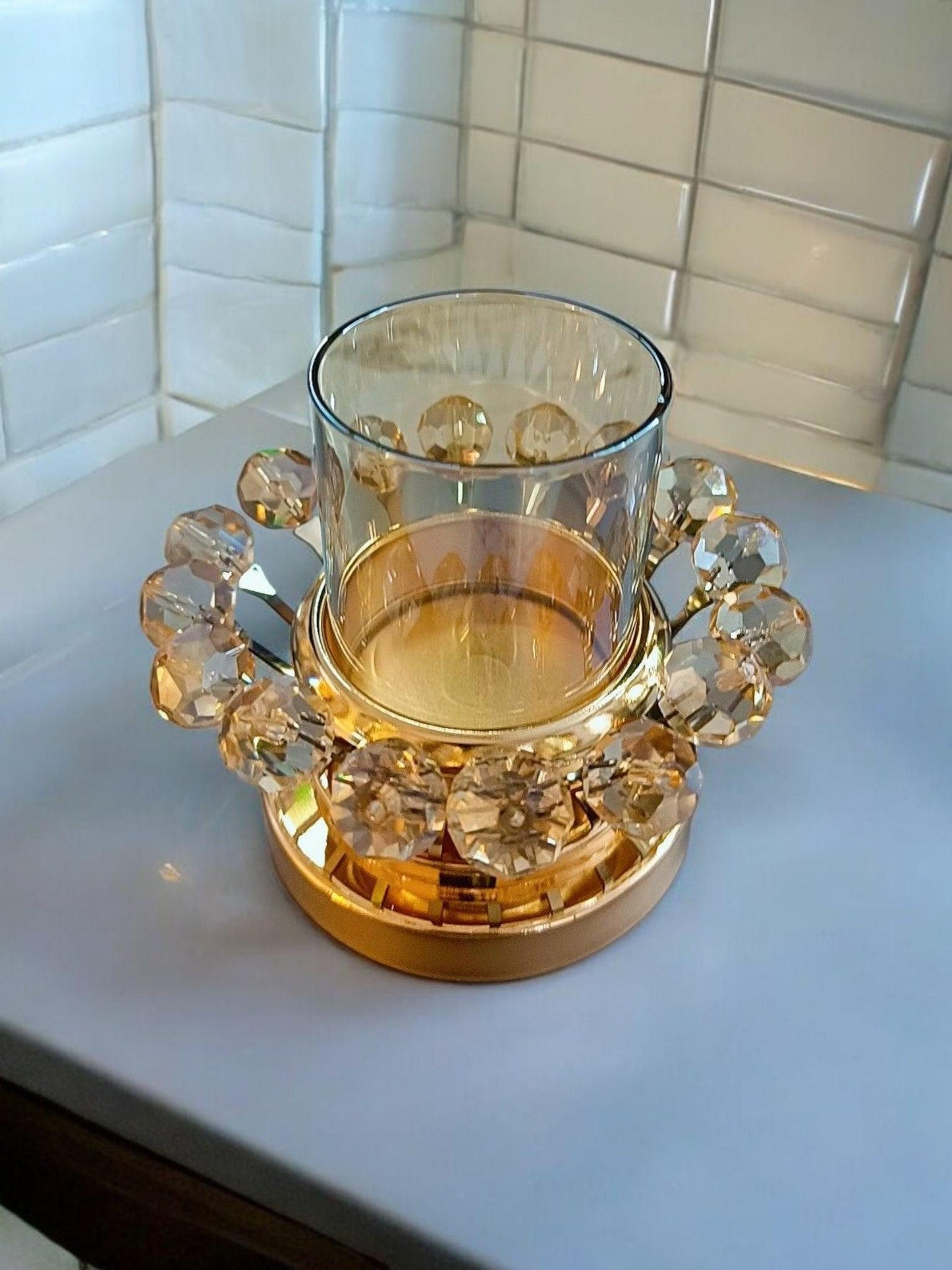 Crystal Glass Candle Stand - Golden