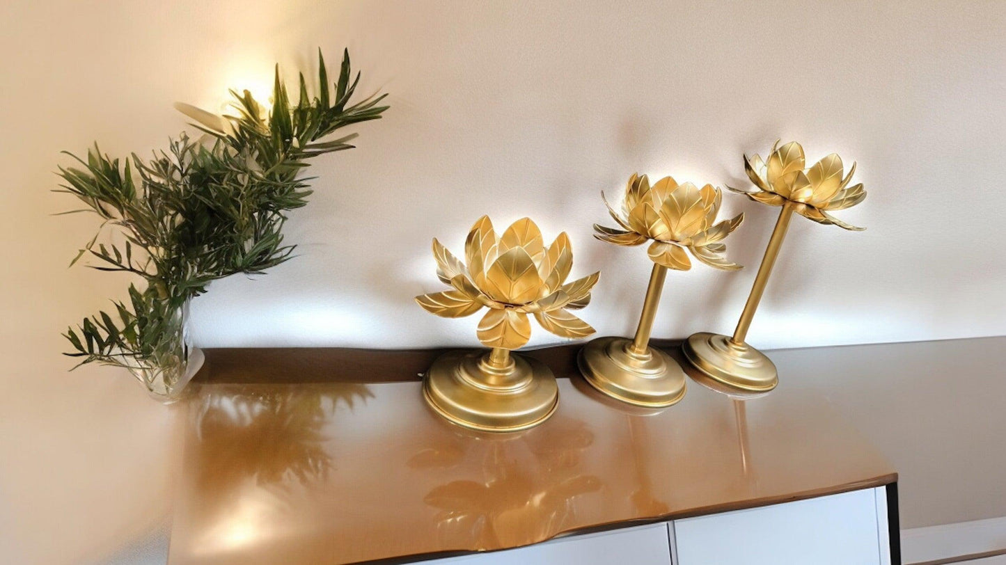 Lotus Candle Stand with Metal Leafs Set of 3