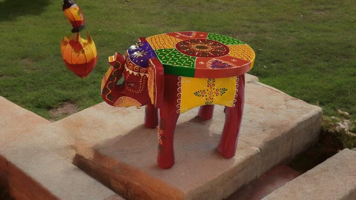 Wooden Elephant Side Table/Stool with Rajasthani Artwork