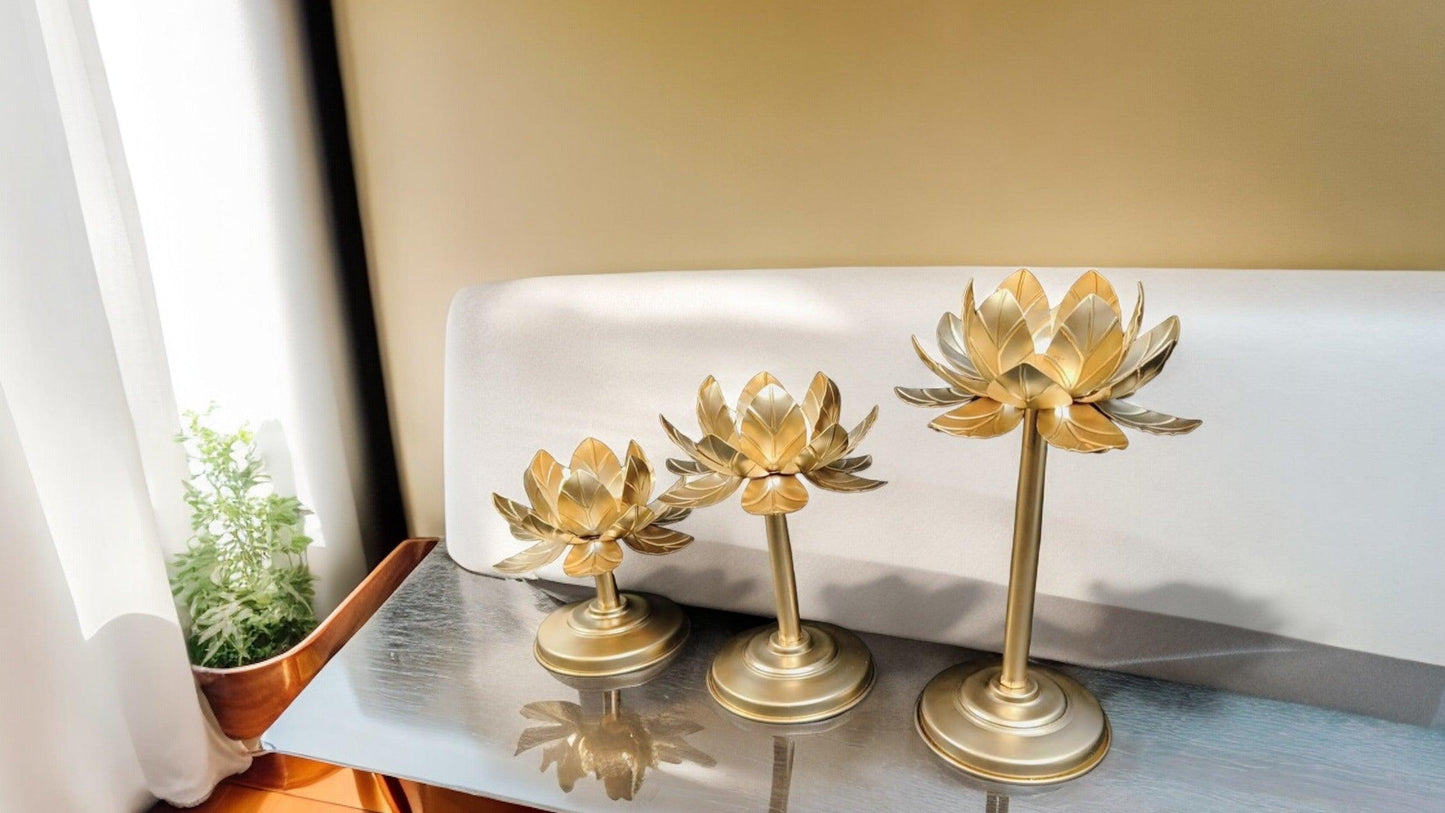 Lotus Candle Stand with Metal Leafs Set of 3
