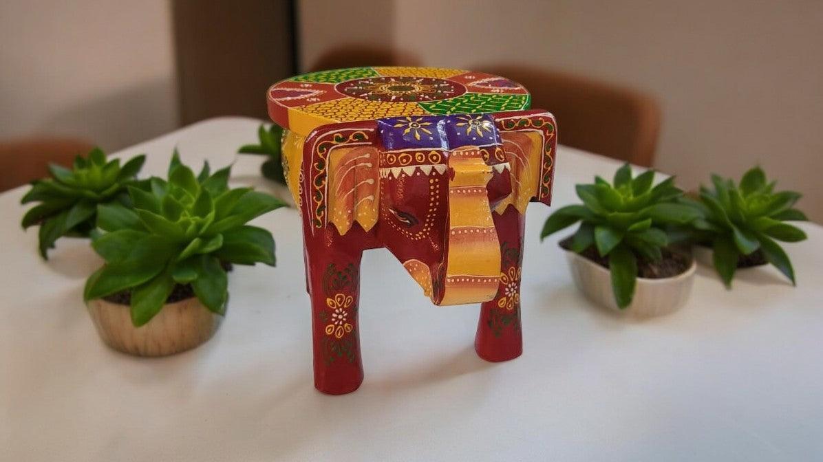 Wooden Elephant Side Table/Stool with Rajasthani Artwork