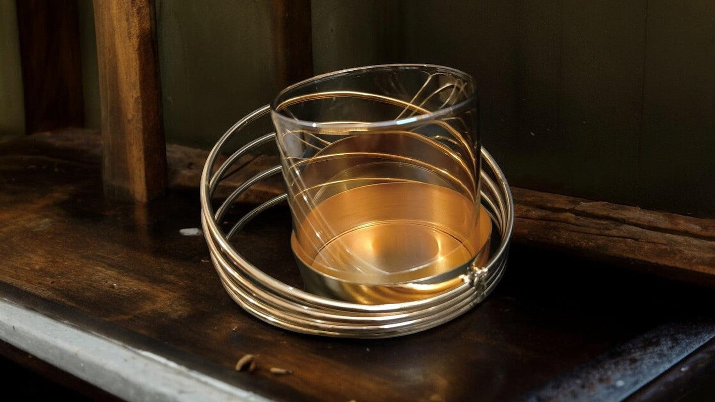 Glass Candle Stand with Metal Ring Frame