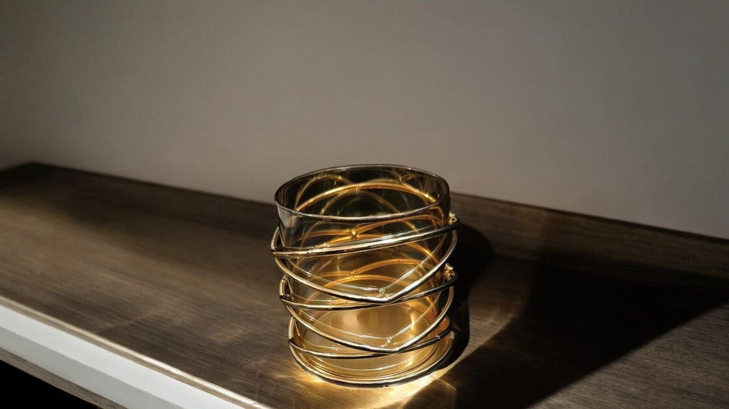 Decorative Glass Candle Holder with Gold Swirl Metal Frame