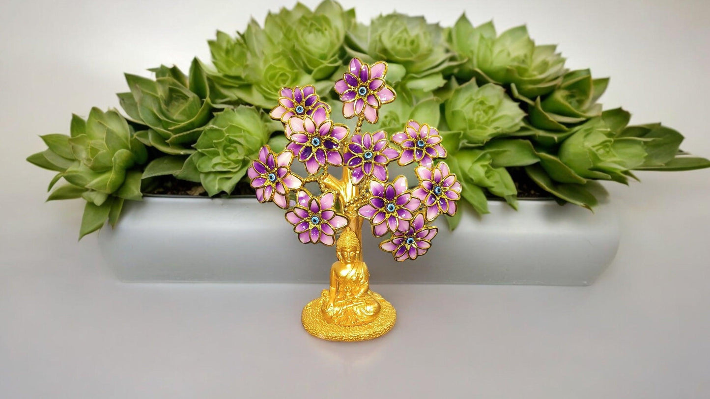 Golden Tree with Pink Flowers and Blue Evil Eyes Home Decor