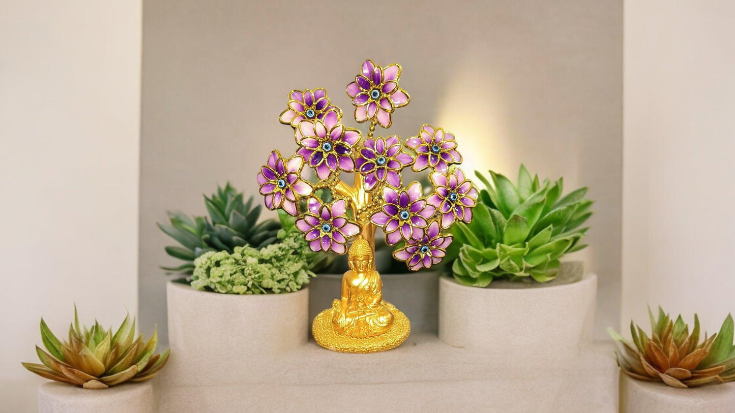 Golden Tree with Pink Flowers and Blue Evil Eyes Home Decor