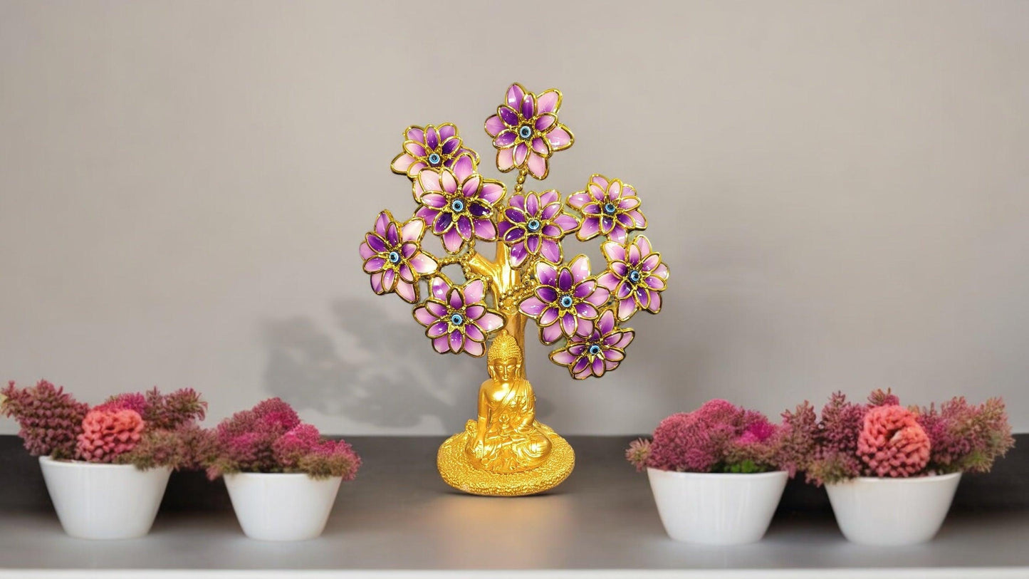 Golden Tree with Pink Flowers and Blue Evil Eyes Home Decor