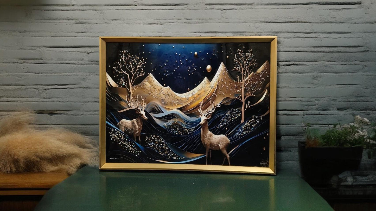 Black, Blue, and Golden Deer Scenery with Crystal Coated Resin Art