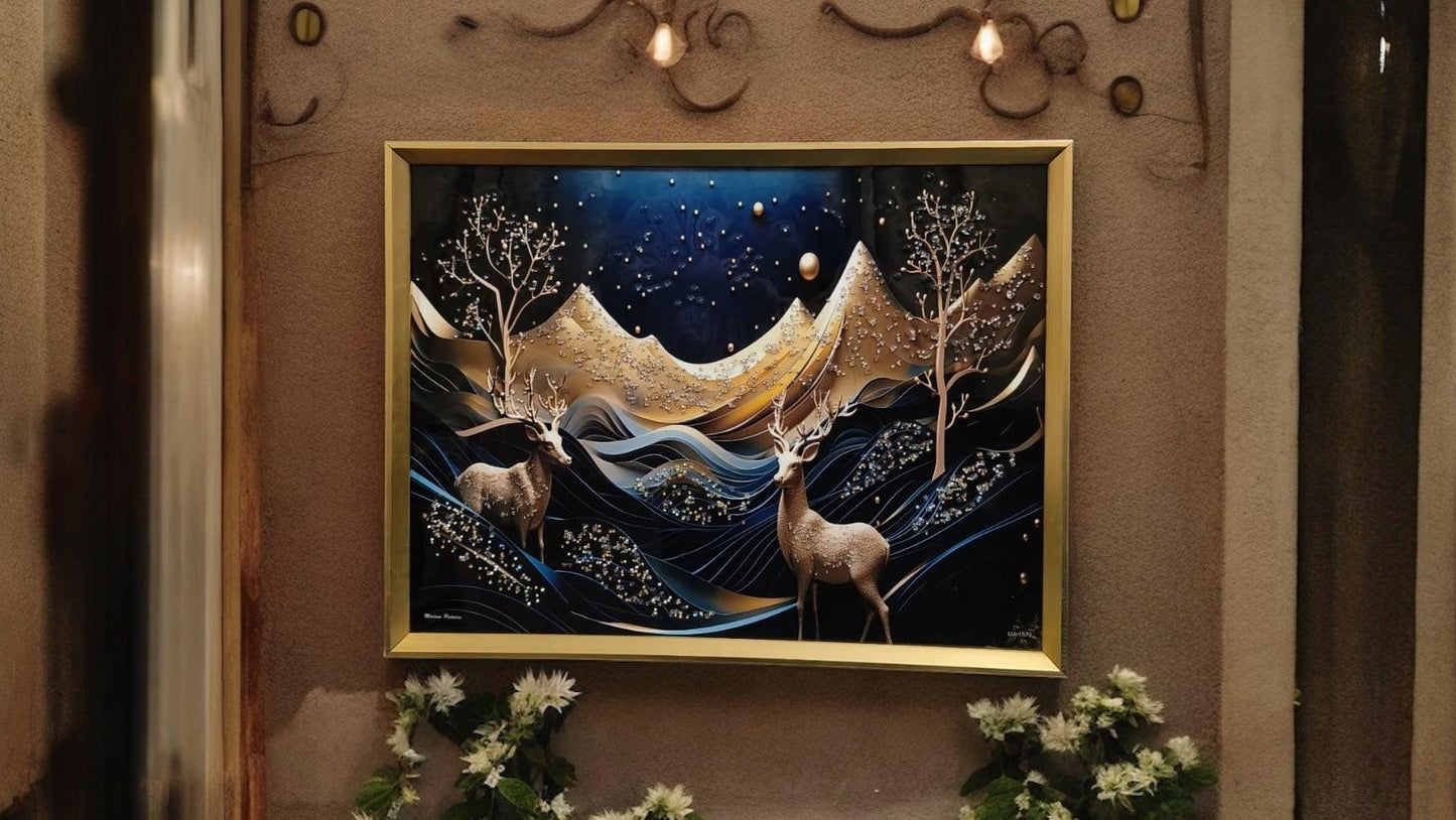 Black, Blue, and Golden Deer Scenery with Crystal Coated Resin Art