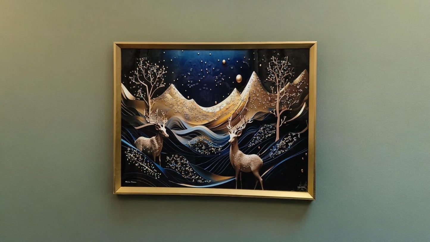 Black, Blue, and Golden Deer Scenery with Crystal Coated Resin Art