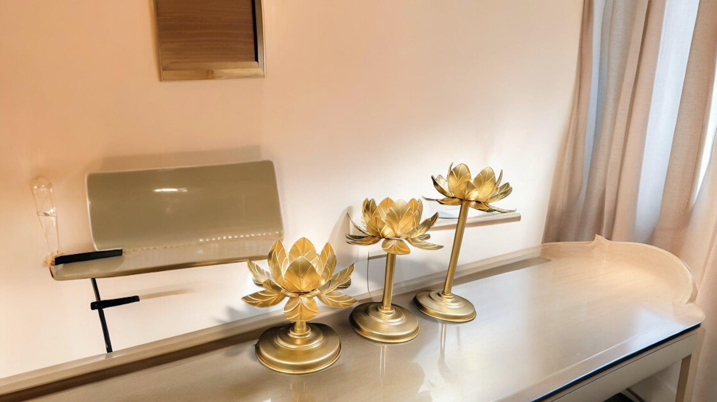 Lotus Glass Candle Stand with metal Leafs (Set of 3 Pcs)