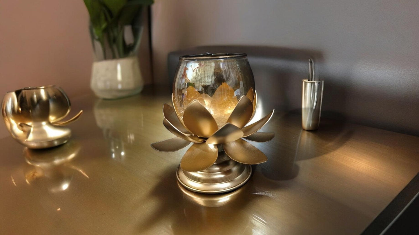Lotus Glass Candle Stand with metal Leafs