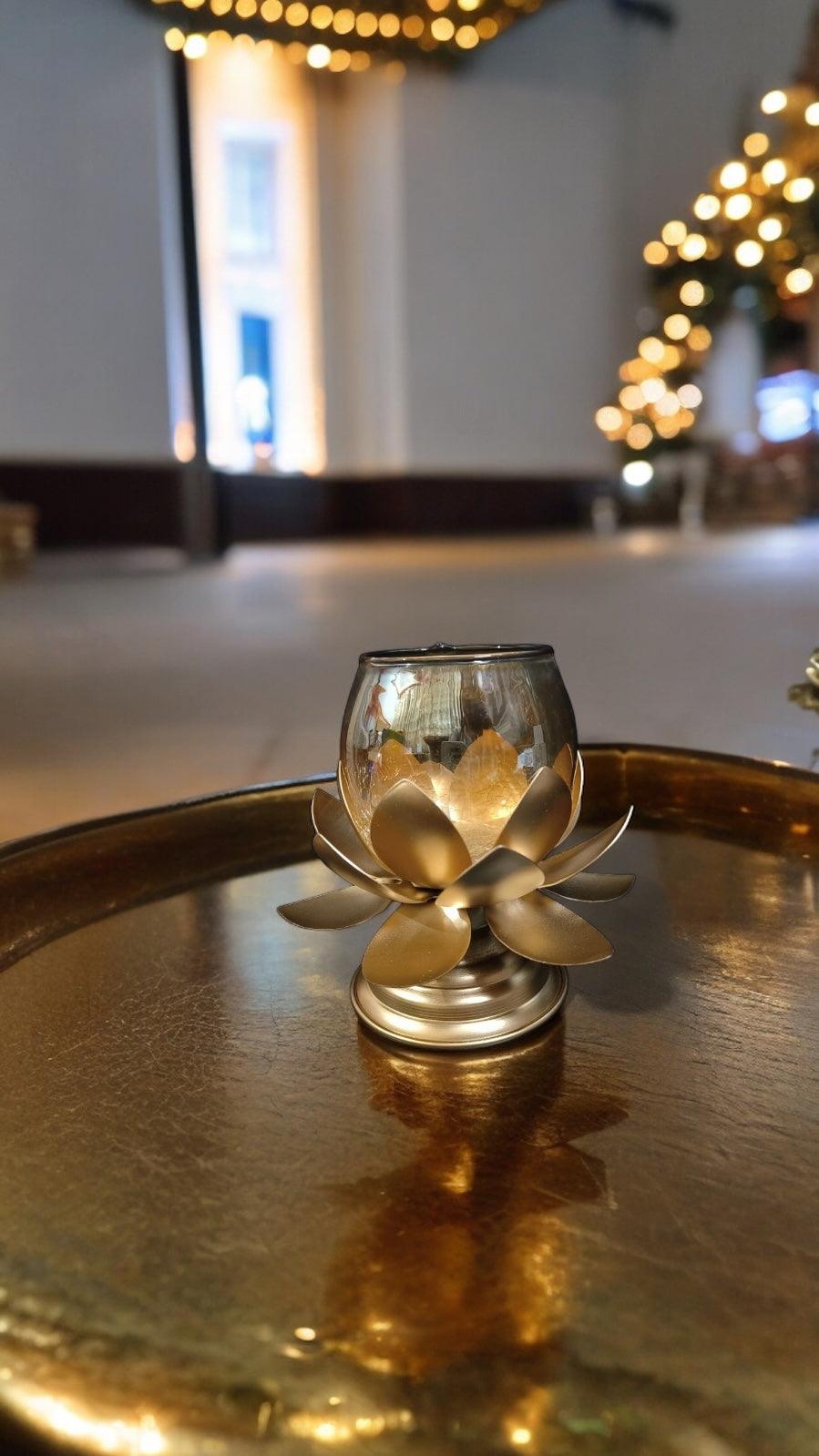 Lotus Glass Candle Stand with metal Leafs