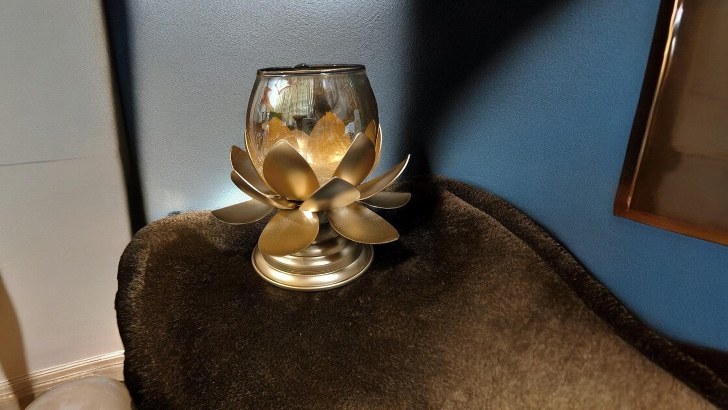 Lotus Glass Candle Stand with metal Leafs