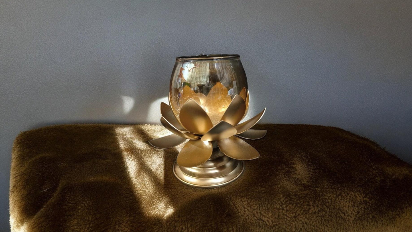 Lotus Glass Candle Stand with metal Leafs