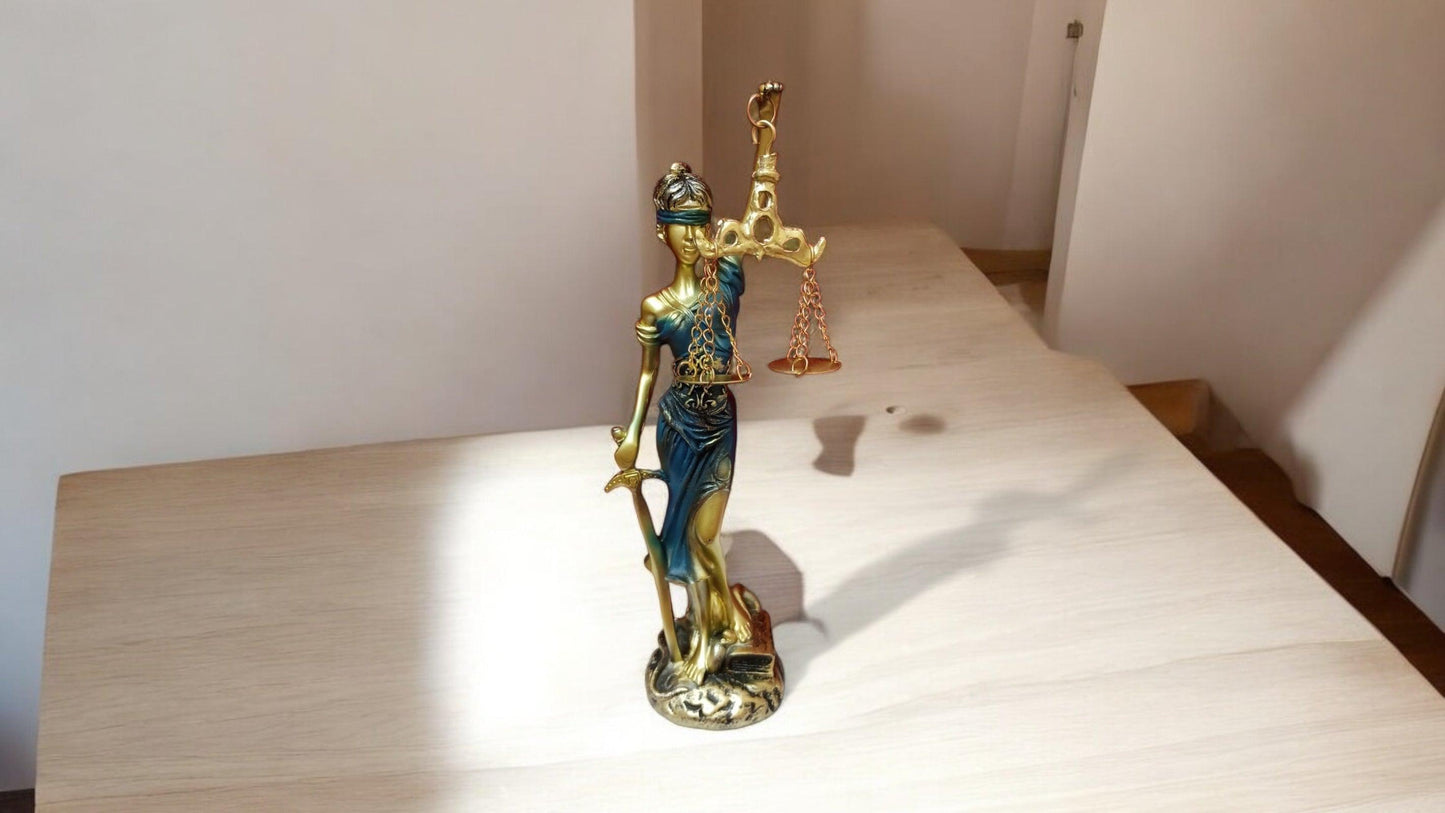 Elegant Golden and Blue Lady Justice Statue