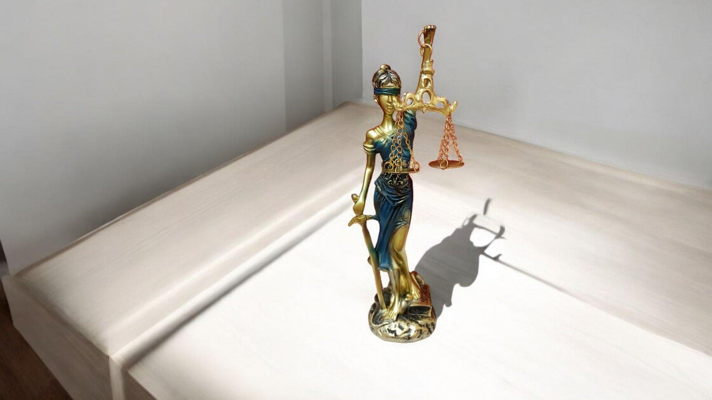Elegant Golden and Blue Lady Justice Statue