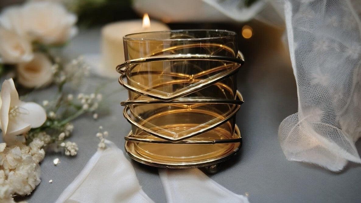 Decorative Glass Candle Holder with Gold Swirl Metal Frame
