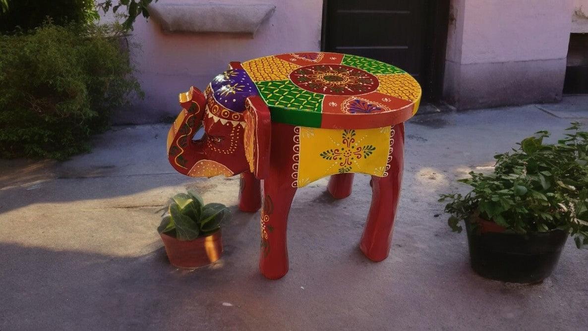 Wooden Elephant Side Table/Stool with Rajasthani Artwork