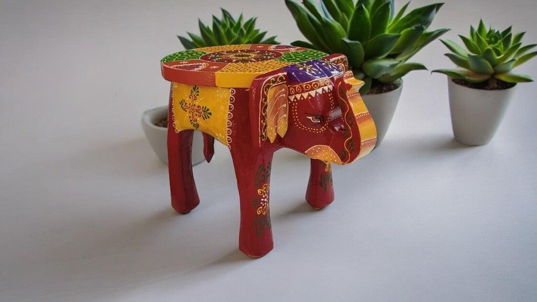 Wooden Elephant Side Table/Stool with Rajasthani Artwork