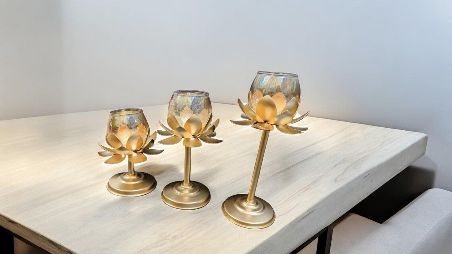Lotus Glass Candle Stand with metal Leafs (Set of 3 Pcs)