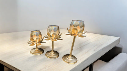 Lotus Glass Candle Stand with metal Leafs (Set of 3 Pcs)