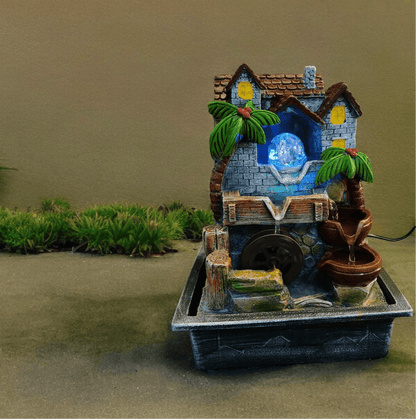 Nature-Inspired Crystal Ball Water Fountain with Hut and Wheel Accents