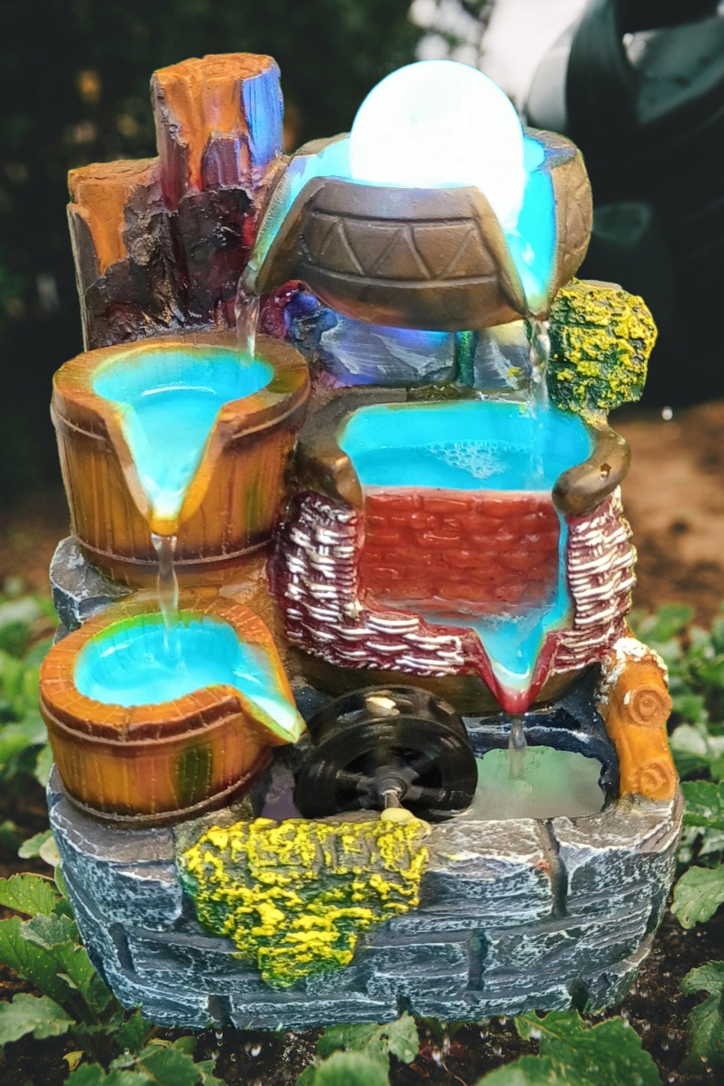 Experience Serenity with the Blue and Brown Clay Tub Water Fountain with crystal ball
