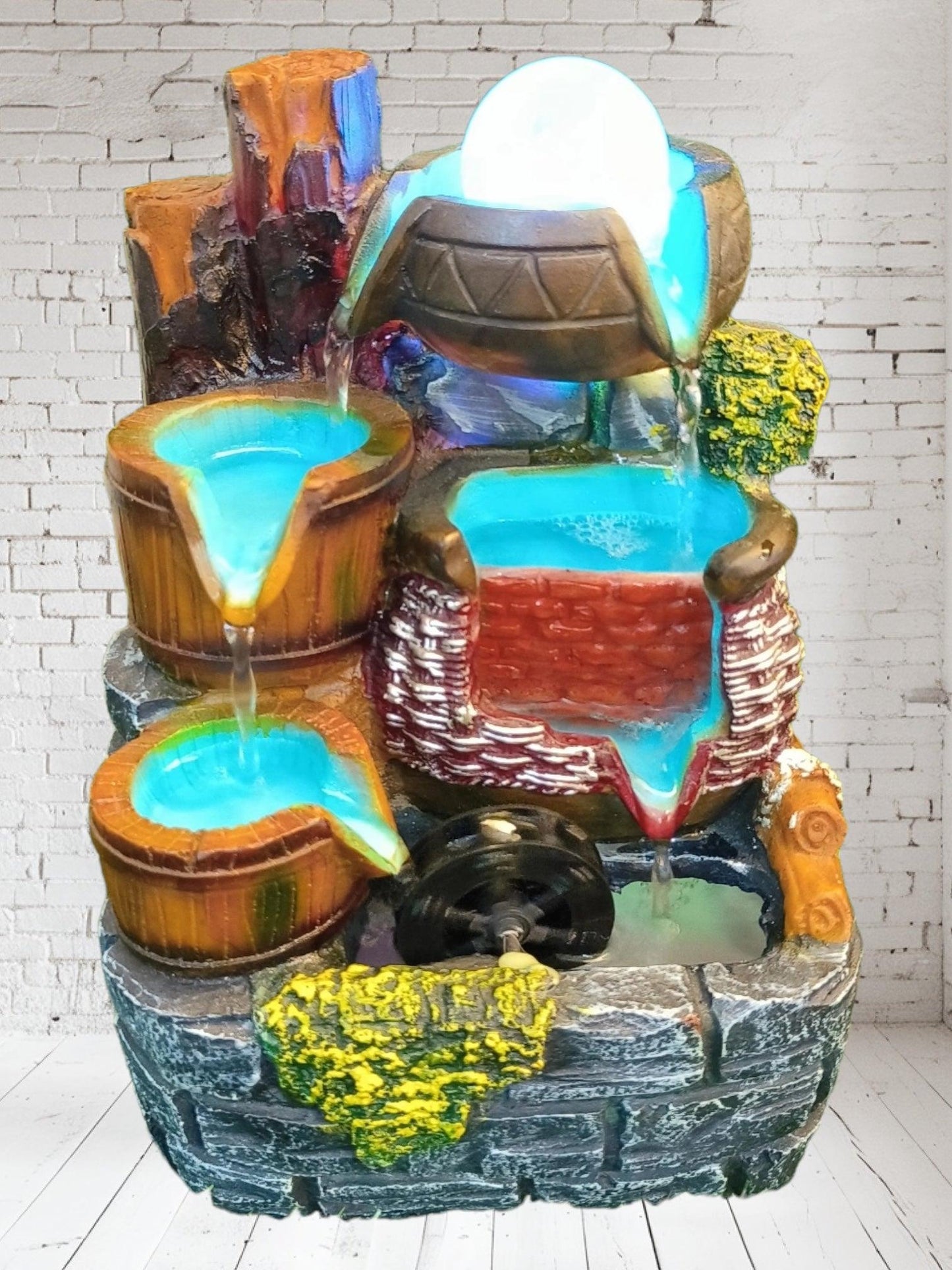 Experience Serenity with the Blue and Brown Clay Tub Water Fountain with crystal ball