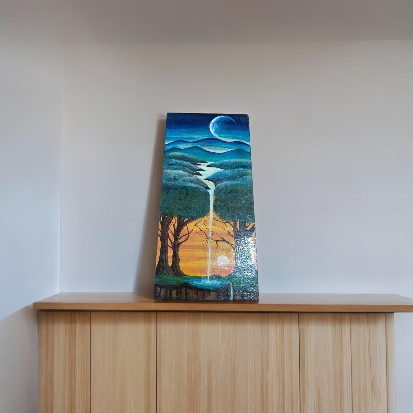Vibrant scenery on wood cutout with soft acrylic color By Ms Tisha