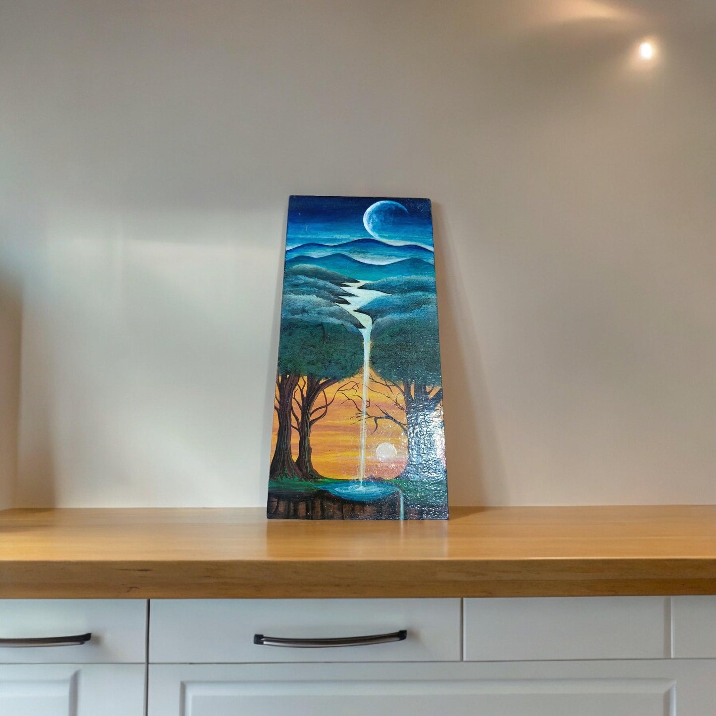 Vibrant scenery on wood cutout with soft acrylic color By Ms Tisha