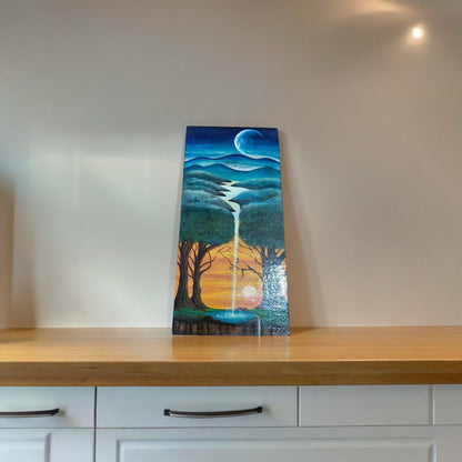 Vibrant scenery on wood cutout with soft acrylic color By Ms Tisha