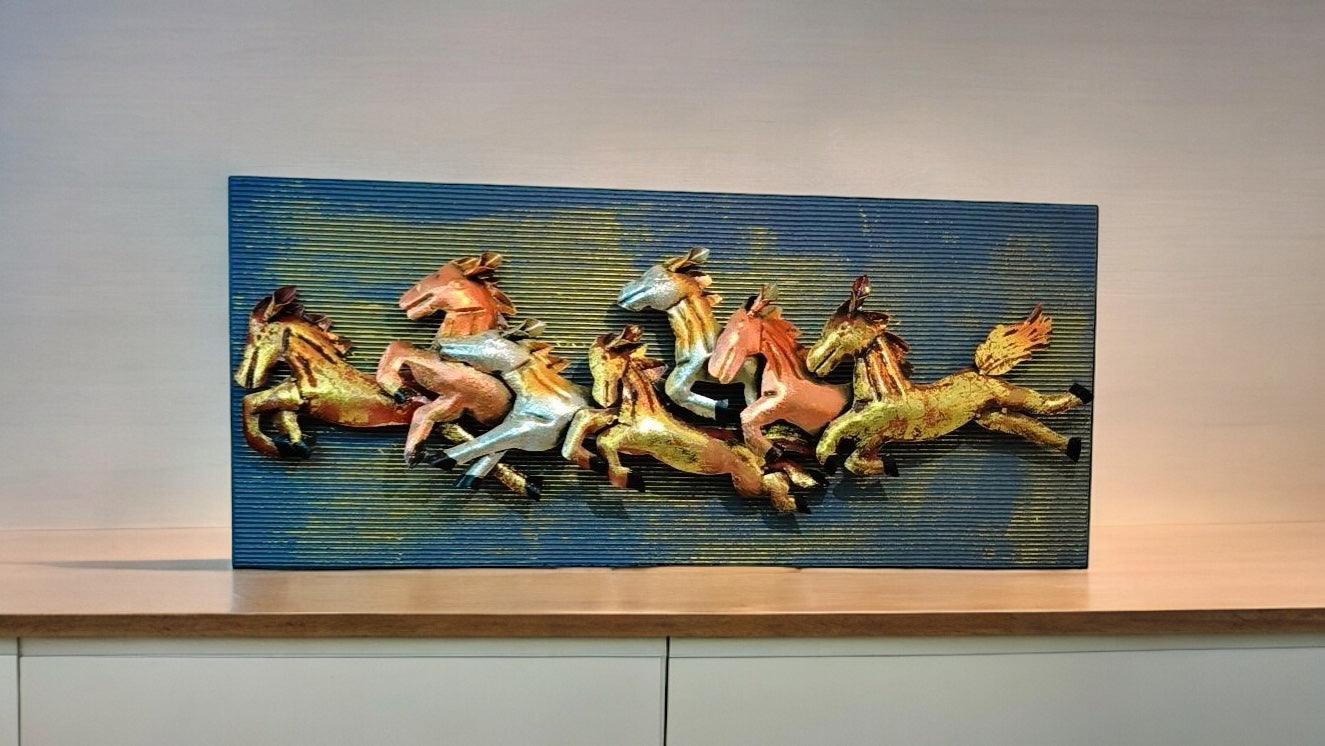 Metal Horses with Wooden Panel Wall Art