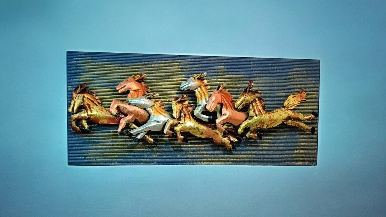 Metal Horses with Wooden Panel Wall Art