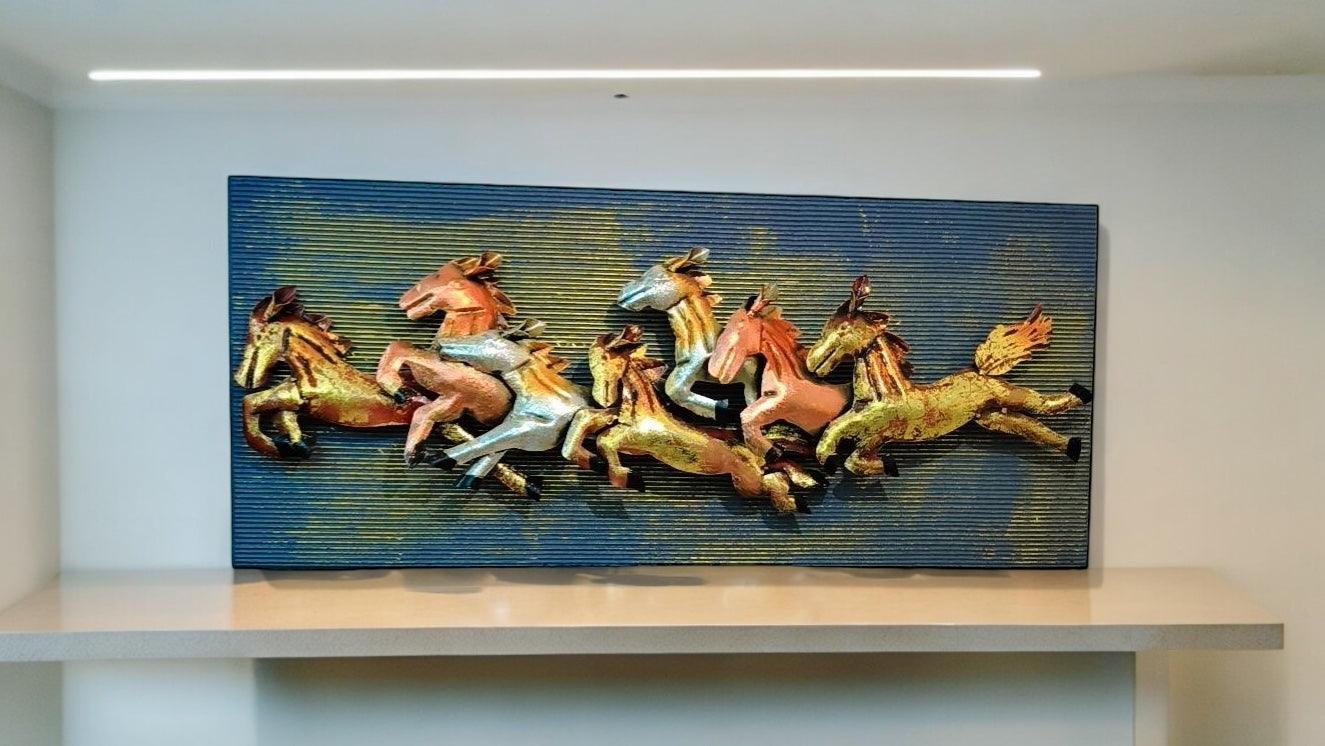 Metal Horses with Wooden Panel Wall Art