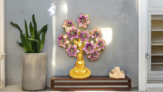 Golden Tree with Pink Flowers and Blue Evil Eyes Home Decor