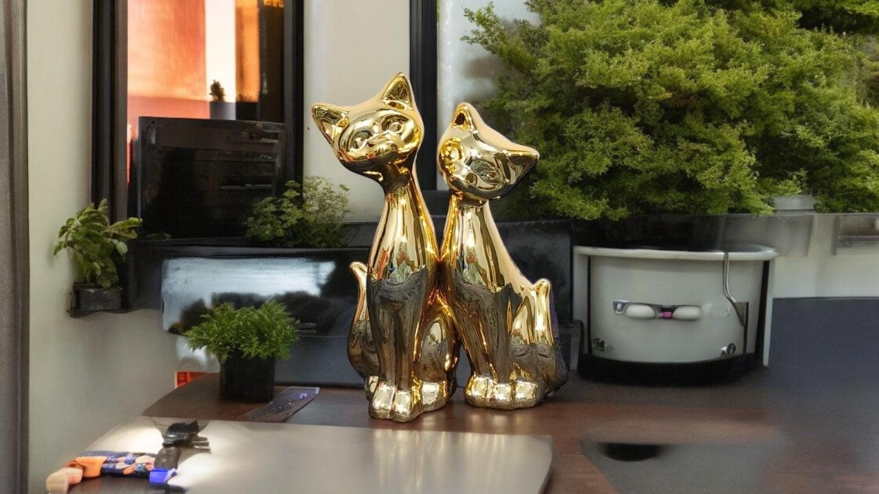 Golden Cats Ceramic Statue Pair