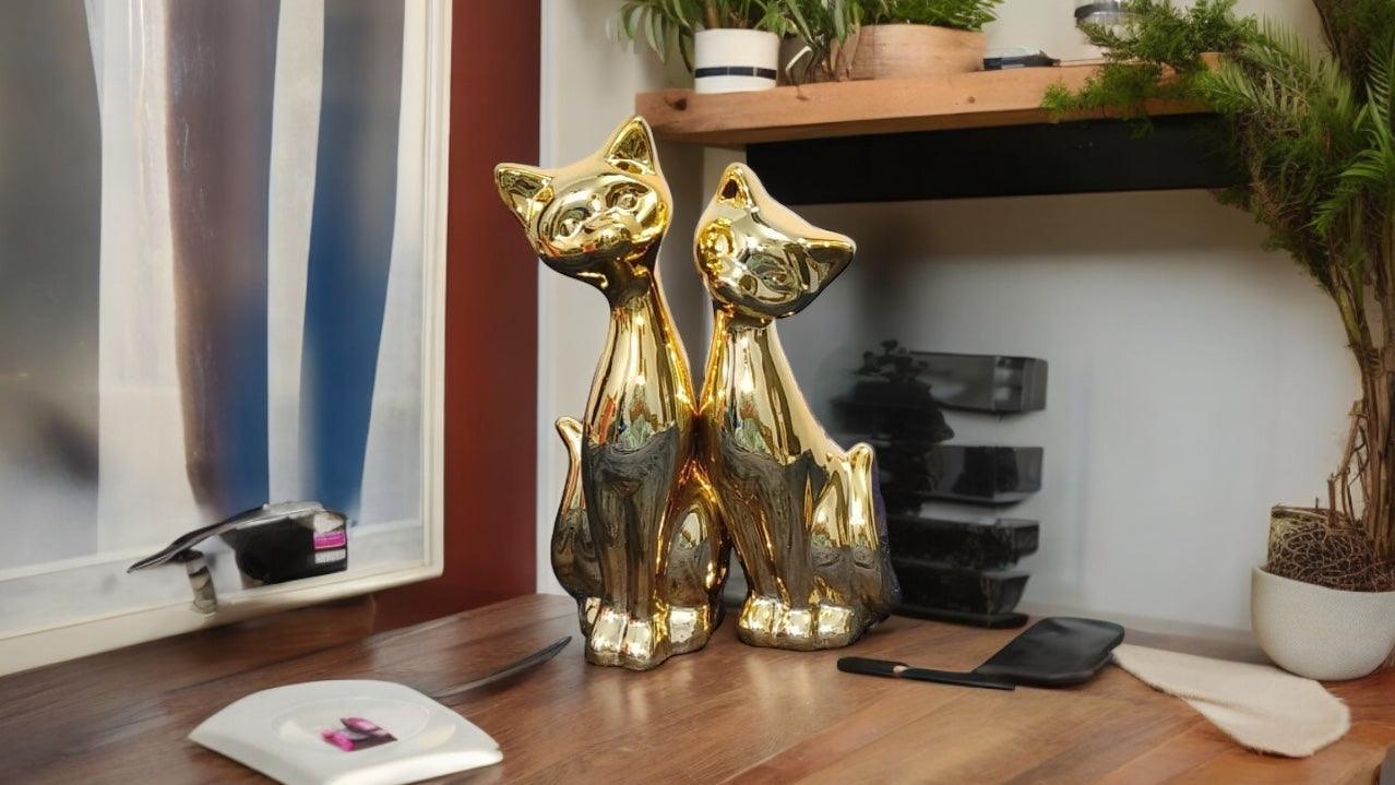Golden Cats Ceramic Statue Pair