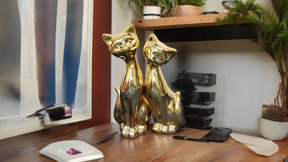 Golden Cats Ceramic Statue Pair