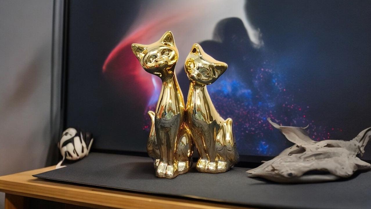 Golden Cats Ceramic Statue Pair