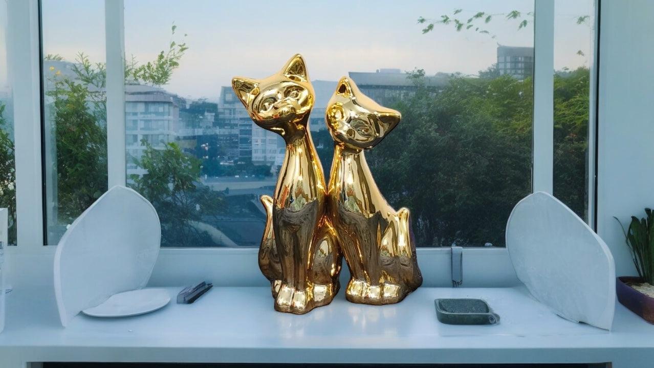 Golden Cats Ceramic Statue Pair