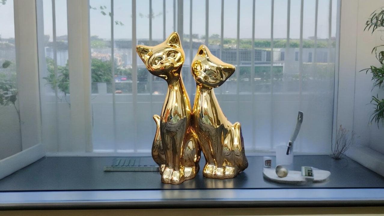 Golden Cats Ceramic Statue Pair
