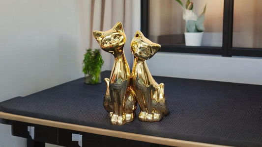 Golden Cats Ceramic Statue Pair