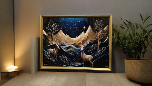 Black, Blue, and Golden Deer Scenery with Crystal Coated Resin Art