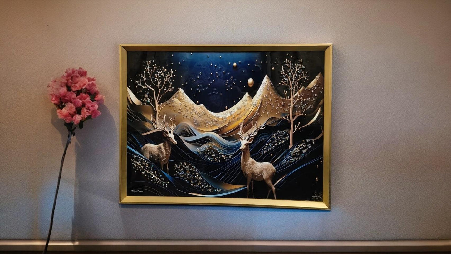 Black, Blue, and Golden Deer Scenery with Crystal Coated Resin Art