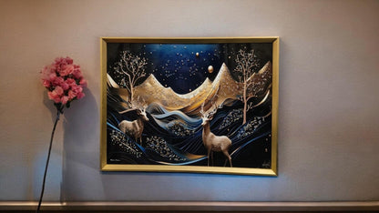 Black, Blue, and Golden Deer Scenery with Crystal Coated Resin Art