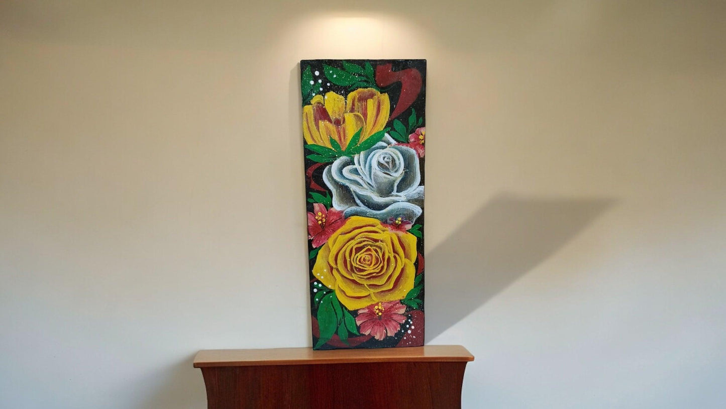 Vibrant flowers scenery on wood cutout with soft acrylic color By Ms Tisha