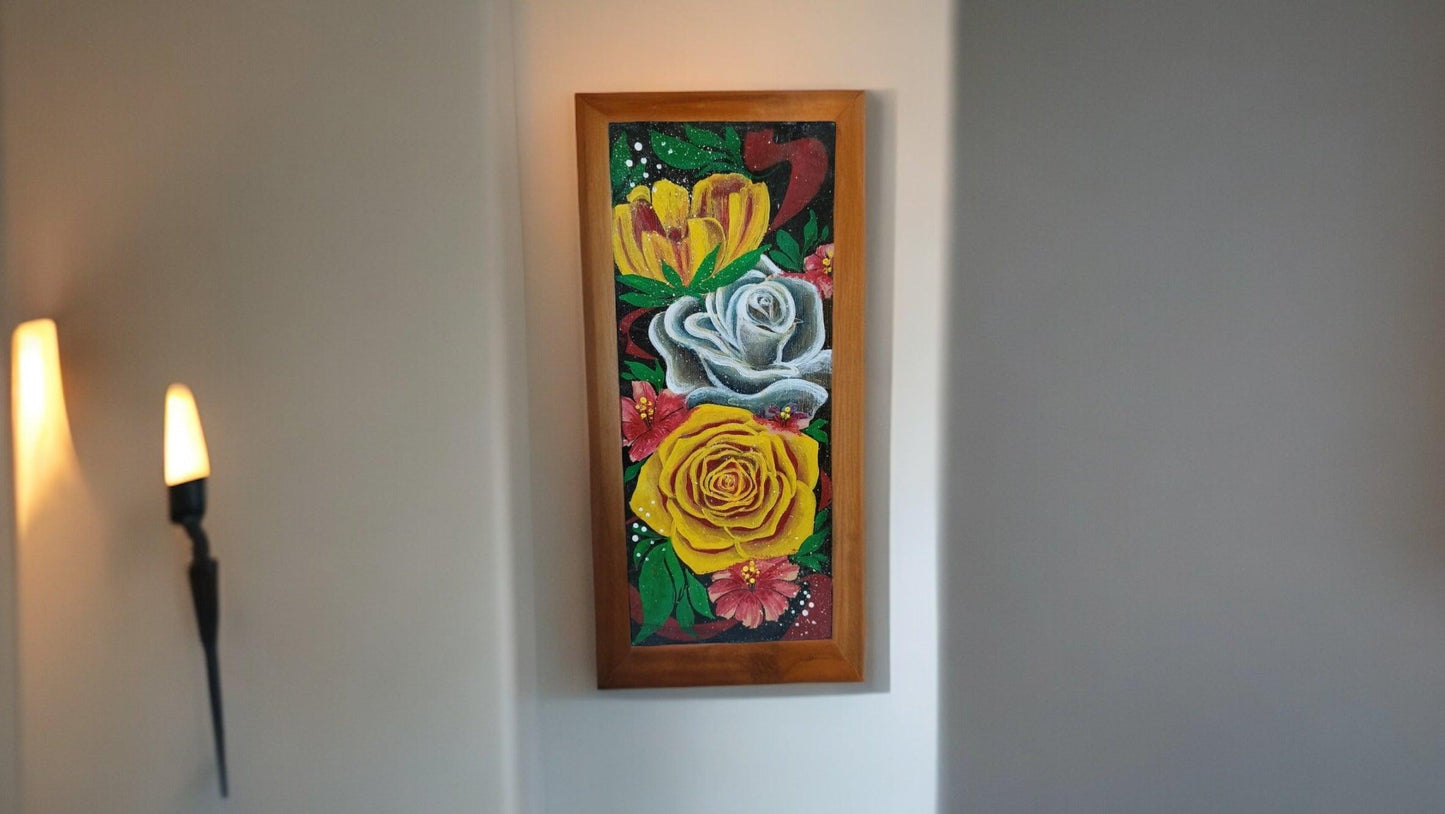Vibrant flowers scenery on wood cutout with soft acrylic color By Ms Tisha