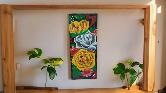 Vibrant flowers scenery on wood cutout with soft acrylic color By Ms Tisha