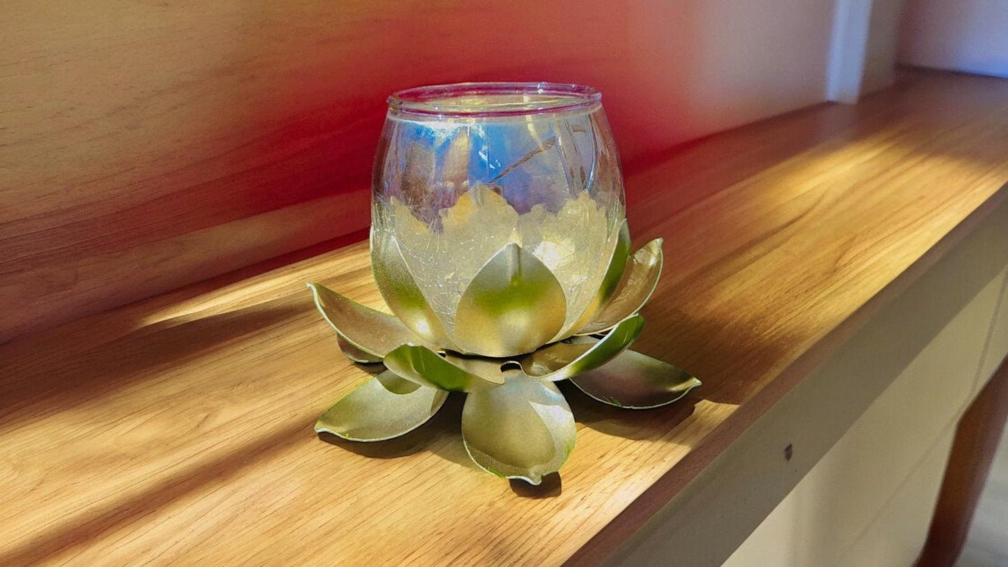Lotus Glass Candle Stand with metal Leafs