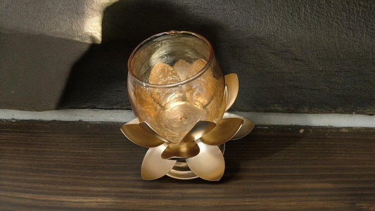 Lotus Glass Candle Stand with metal Leafs